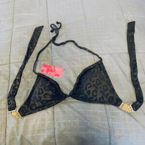 Xhiliration black leopard print with gold toned chain bikini top